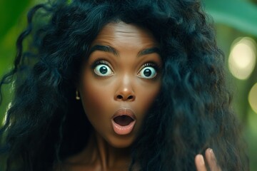 Fototapeta premium Long trim - curly hair. Commercial ad campaign idea. Attractive very amazed black girl - for ads, poster and social media use. African american concept. Long hair advertising. Black girl magi.