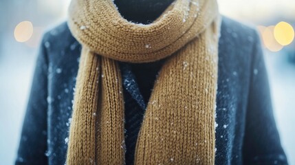 Stylishly dressed woman stuns in a winter fashion ensemble featuring a warm scarf while surrounded by a snow-covered cityscape, embodying youthful charm