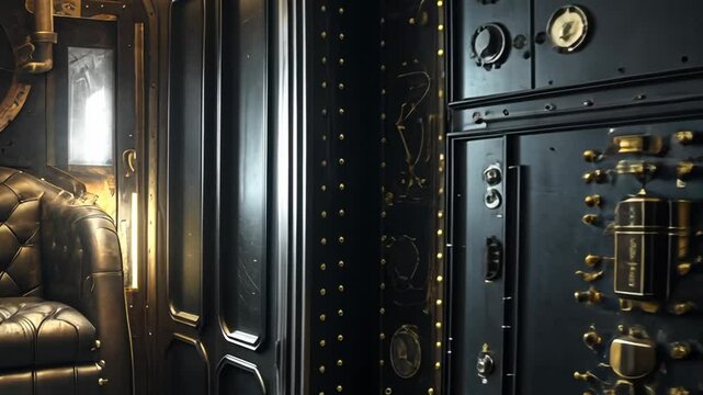 Vintage airship interior with brass controls and machinery