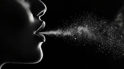 A hyper-realistic close-up of vapor swirling out of a person's lips, captured in monochromatic tones against a jet-black background, High Contrast, Minimalist