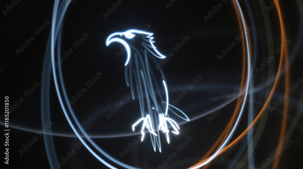 Poster light painting of an eagle in circular motion. the image creates a dynamic and artistic effect with 