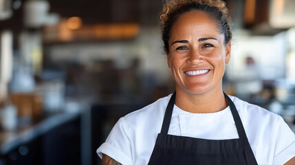 Confident Hawaiian female chef smiles in bustling kitchen setting