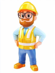 Smiling cartoon construction worker, yellow hardhat and vest.