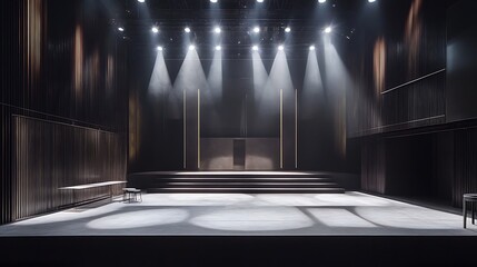 A modern stage with sleek metallic finishes and minimalistic lighting 