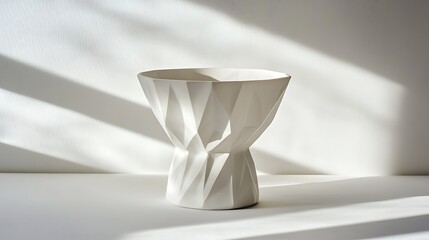 A modern trophy cup with a geometric design, displayed against a minimalist white background with soft shadows 