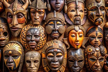 Vibrant collection of authentic African tribal masks with intricate designs, representing cultural heritage, tradition, and artistry
