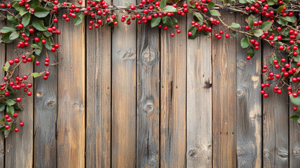 Fototapeta premium Wooden fence adorned with vibrant red berries, creating rustic charm