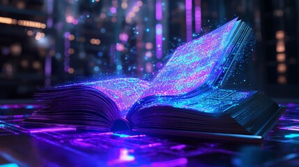 A holographic book placed on a digital table, its pages projecting interactive 3D educational tools, set against a glowing high-tech backdrop, Sci-Fi, Vivid Blue and Purple Tones