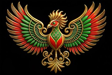 Fototapeta premium Stylized Sankofa bird with vibrant red and green wings outlined in gold, symbolizing African heritage and culture for Black History Month