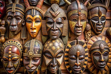 Authentic African tribal masks arranged in a group, highlighting diversity, tradition, and the artistry of African culture