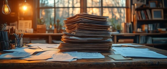 High stack of papers on a wooden desk in a home office.
