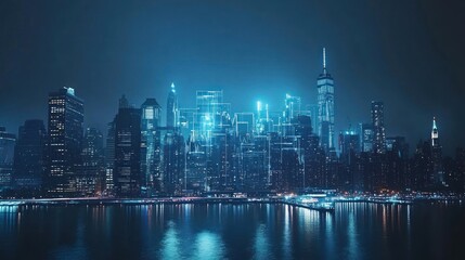 Fototapeta premium Futuristic cityscape at night, glowing buildings reflected in water.