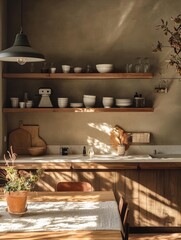 Sunlit Rustic Kitchen With Wooden Cabinets And Shelving