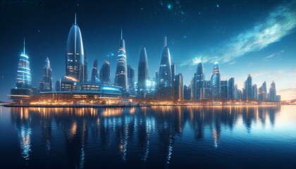 Fototapeta premium 水上に輝く未来的都市の夜景背景