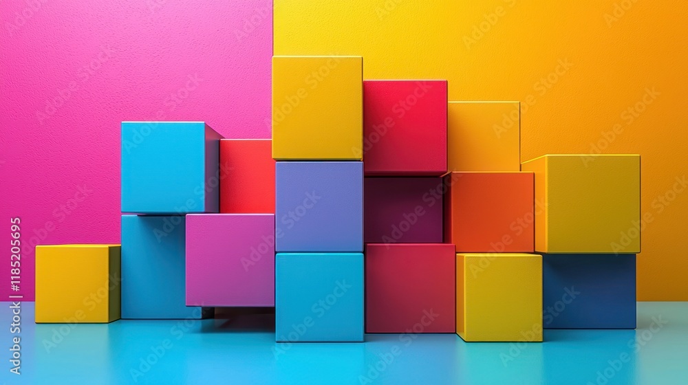 Poster abstract colorful cube composition: a vibrant 3d rendering of multicolored cubes arranged in a dynam