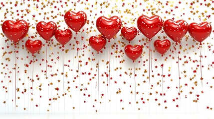Sweet red balloons in the shape of hearts drifting upward, surrounded by floating stars, isolated on white.