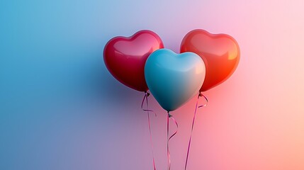 Sweet red heart balloons tied together with pink ribbons, isolated on a soft gradient background.