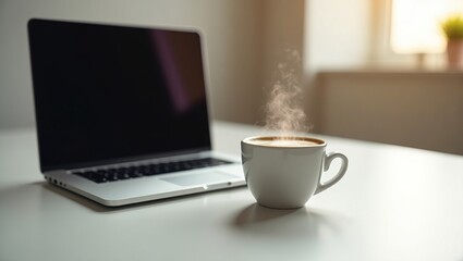 Laptop and Steaming Coffee Cup on Desk