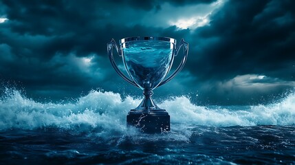 A modern trophy cup with a sleek, glass body, placed against a dark, stormy ocean background 