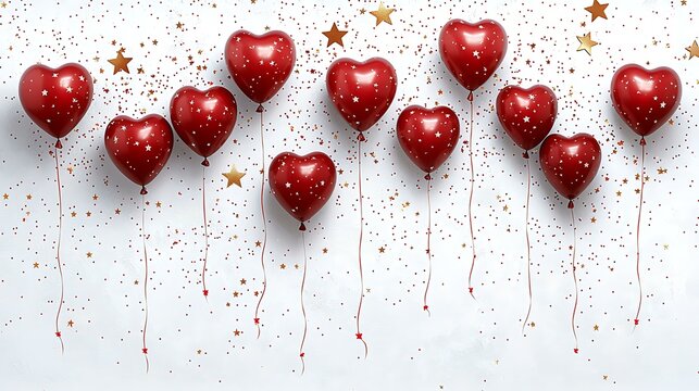 Sweet red balloons in the shape of hearts drifting upward, surrounded by floating stars, isolated on white.