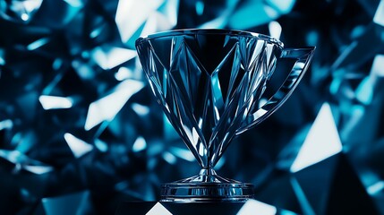 A modern trophy cup with angular lines and sharp edges, set against a futuristic metallic background 