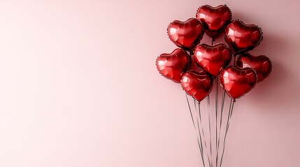 A group of red heart-shaped balloons drifting upwards with soft glowing effects, isolated on a pink background.