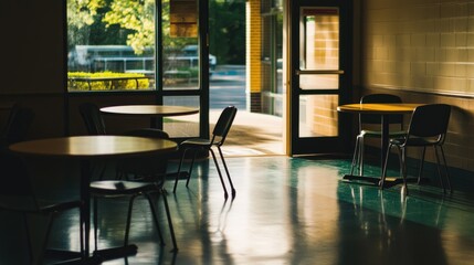 A quiet indoor space with tables and chairs, illuminated by natural light from an open door.