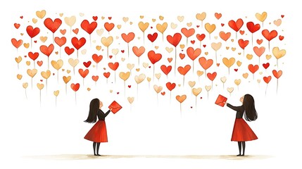 Fototapeta premium A sweet couple exchanging love letters with heart-shaped confetti falling around them, isolated on white.