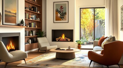 Fototapeta premium Living room interior, modern coastal design, symmetrical layout, built-in bookshelves, fireplace, large windows, neutral color palette, circular coffee table, pendant light fixture, area rug, artwork,