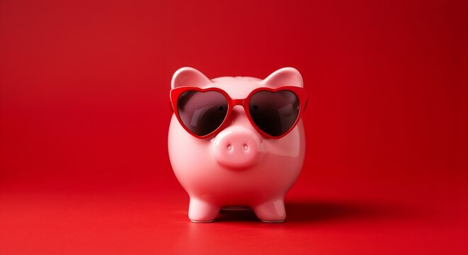 Pink piggy bank wearing stylish heart-shaped sunglasses, set against a vibrant red backdrop, symbolizing savings and love for financial security.

