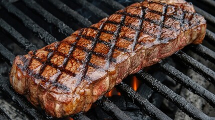 Grilled steak on a barbecue grill with grill marks.