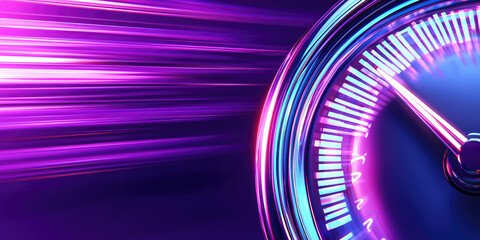 Neon glowing speedometer, 3d speed meter on abstract background, creative speed concept, wallpaper
