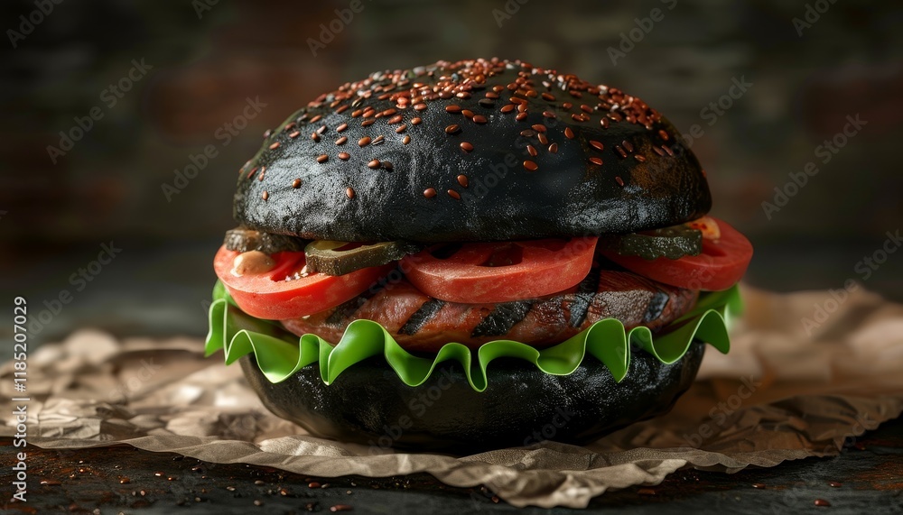 Sticker Close-up of a black burger with tomato, lettuce, and pickles on a rustic background.