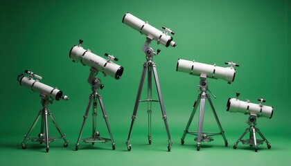 Five telescopes stand ready against a green backdrop suggesting exploration, scientific curiosity, ideal for educational content or astronomy presentations