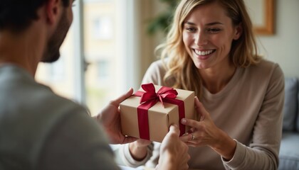 A cheerful woman, smiling in a cozy indoor setting, is shown receiving a thoughtfully wrapped gift from a friend. The warm atmosphere captures the joy of gifting and connection.

