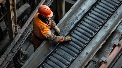 High-angle view of a worker inspecting a conveyor belt in an industrial setting.
