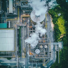 Aerial View of Industrial Plant with Smoke and Machinery Details