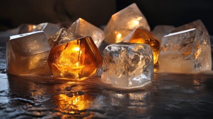 Illuminated ice cubes on dark surface.