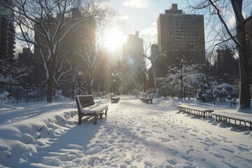 Snowy urban park with benches at sunrise