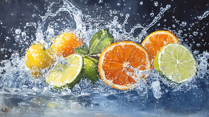 A mix of citrus fruits bursting out of icy water with splashes in cold blue tones