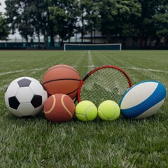 Various sports balls arranged on a green grass field