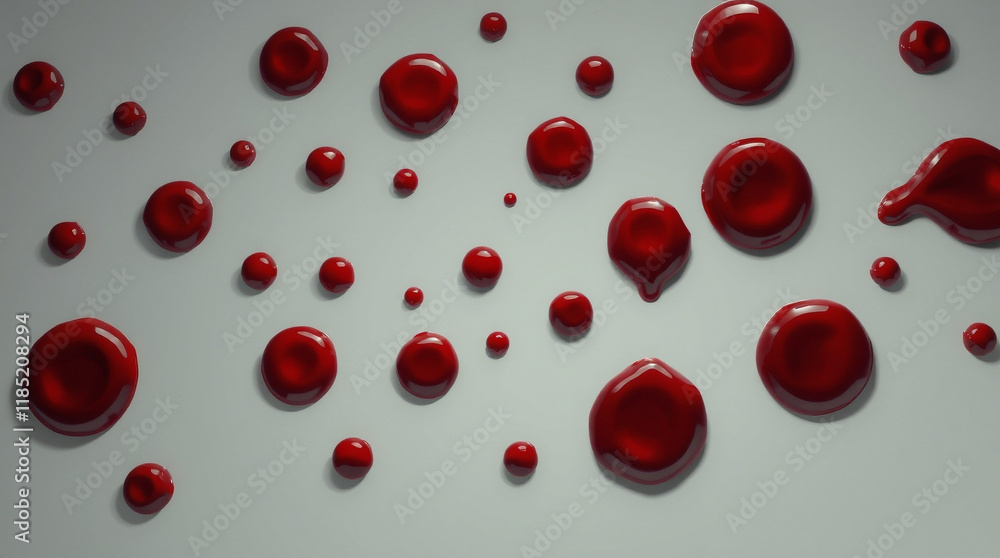 Poster abstract red blood droplets on a white background. various sizes and shapes create a unique pattern.