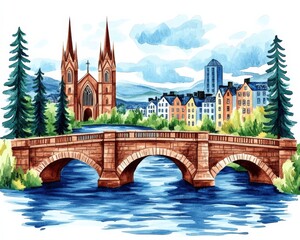 Naklejka premium Picturesque European River Scene with Stone Bridge, Gothic Church, Colorful Buildings, and Forest Landscape - Explore Scenic Urban Nature and Architecture