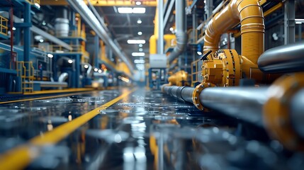 Industrial factory interior with pipes, machinery, and reflective floor.