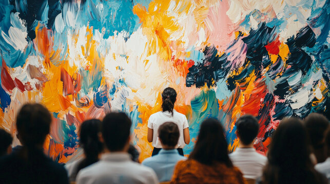 Art class with students observing vibrant brush stroke wall art