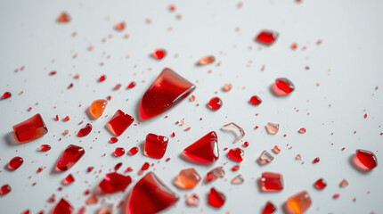 Shattered red glass pieces scattered on a white background. A close-up view showcasing texture and color.