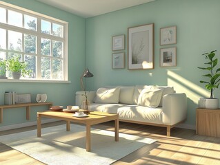 Fototapeta premium Sunny Living Room With Light Sofa And Wooden Furniture