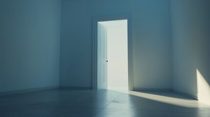 Fototapeta premium A white door in a room with bright light coming from the hallway, signifying a new beginning or opportunity.
