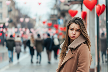 Fototapeta premium Sad Single Woman Jealously Observing Couples in Love on Singles Day in a Romantic, Heart-Decorated Street
