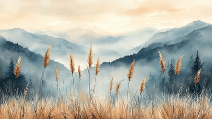 Misty mountain landscape with tall grass in foreground.